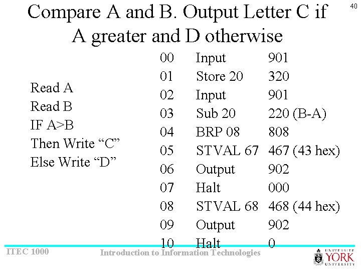 Compare A and B. Output Letter C if A greater and D otherwise Read