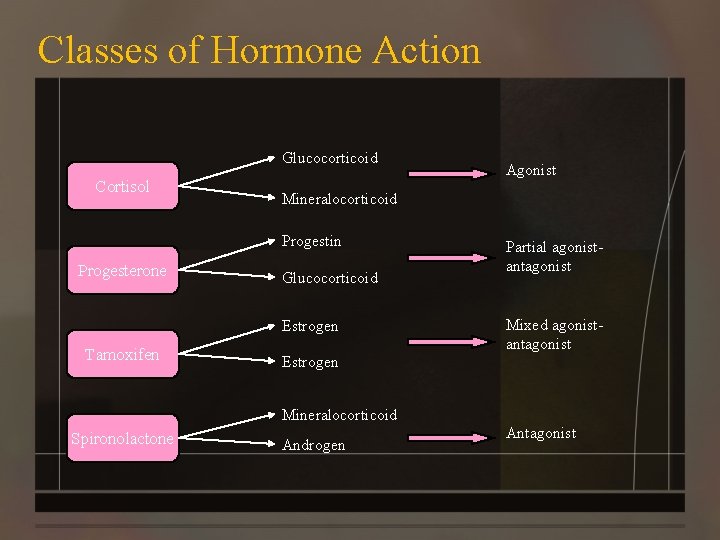 Classes of Hormone Action Glucocorticoid Cortisol Mineralocorticoid Progestin Progesterone Glucocorticoid Estrogen Tamoxifen Agonist Partial