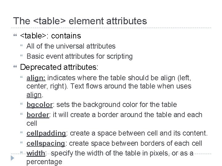 The <table> element attributes <table>: contains All of the universal attributes Basic event attributes