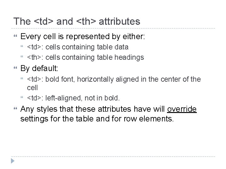 The <td> and <th> attributes Every cell is represented by either: By default: <td>:
