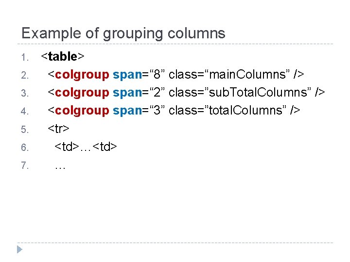 Example of grouping columns 1. 2. 3. 4. 5. 6. 7. <table> <colgroup span=“