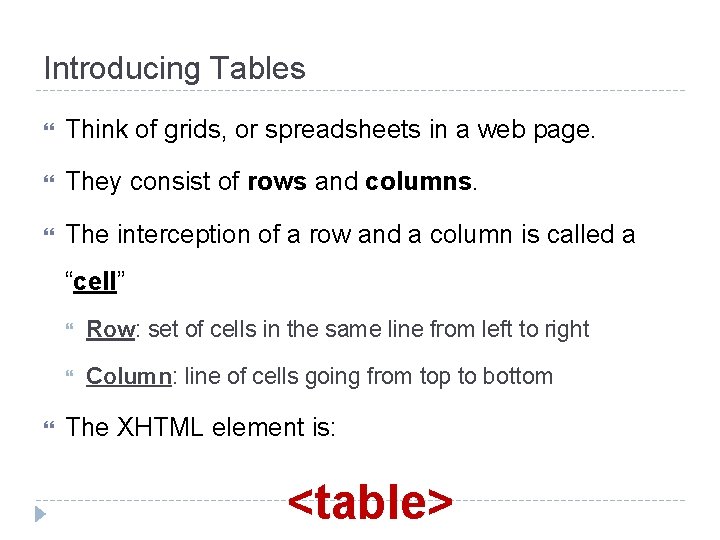 Introducing Tables Think of grids, or spreadsheets in a web page. They consist of