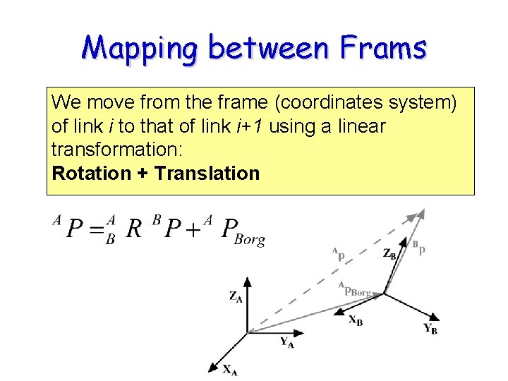 Mapping between Frams We move from the frame (coordinates system) of link i to Mapping between Frams We move from the frame (coordinates system) of link i to