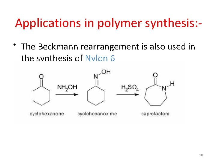 Applications in polymer synthesis: • The Beckmann rearrangement is also used in the synthesis