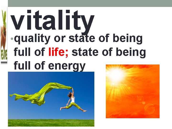 vitality quality or state of being • full of life; state of being full