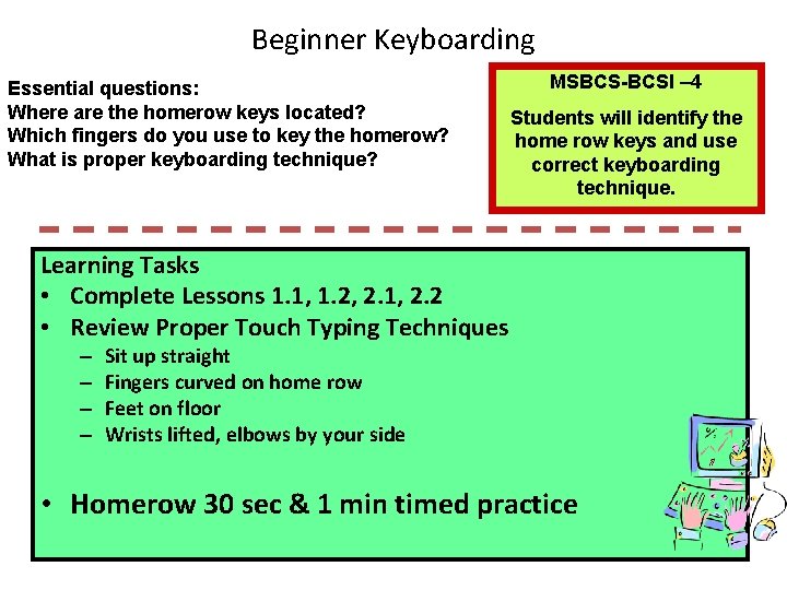 Beginner Keyboarding Essential questions: Where are the homerow keys located? Which fingers do you