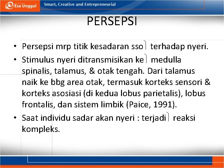 PERSEPSI • Persepsi mrp titik kesadaran sso terhadap nyeri. • Stimulus nyeri ditransmisikan ke