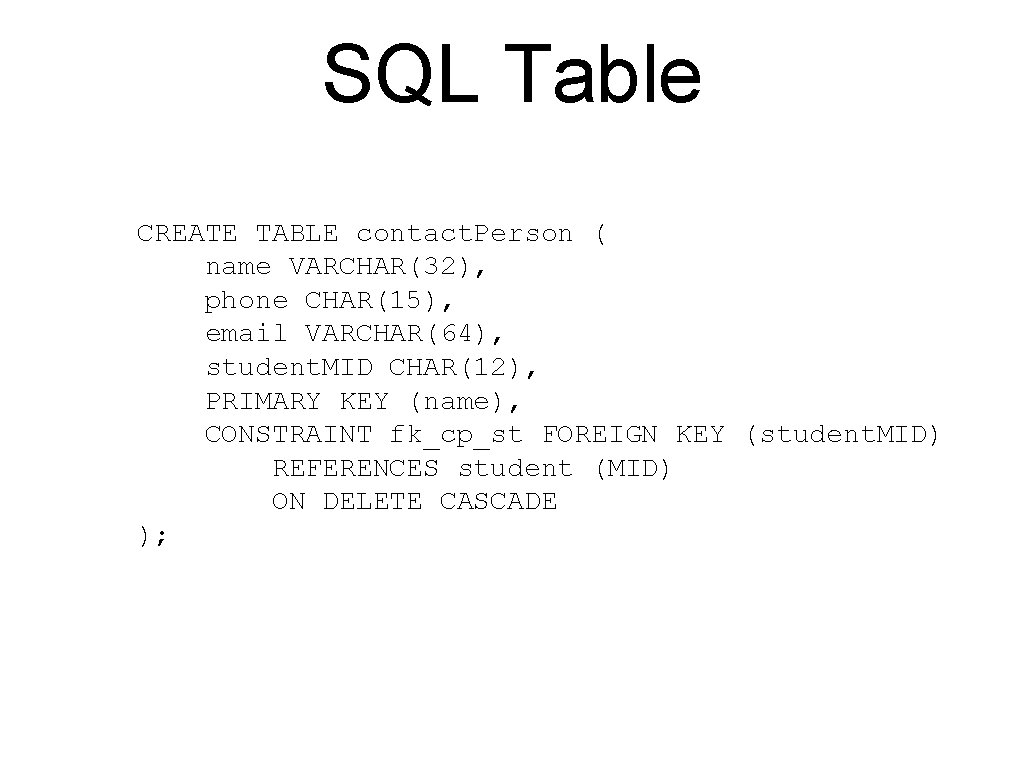 SQL Table CREATE TABLE contact. Person ( name VARCHAR(32), phone CHAR(15), email VARCHAR(64), student.