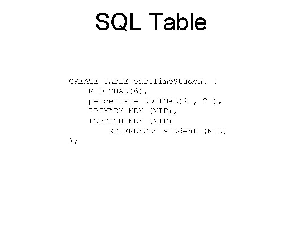 SQL Table CREATE TABLE part. Time. Student ( MID CHAR(6), percentage DECIMAL(2 , 2