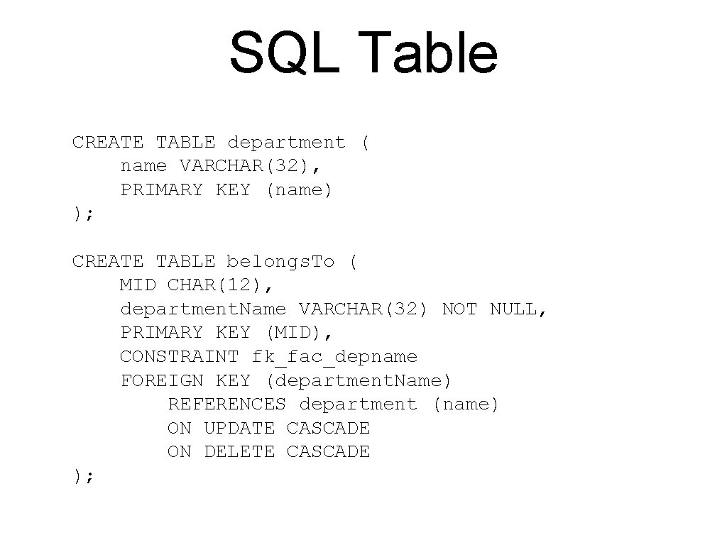 SQL Table CREATE TABLE department ( name VARCHAR(32), PRIMARY KEY (name) ); CREATE TABLE