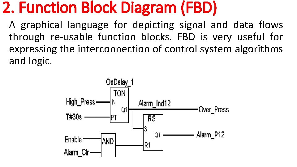 2. Function Block Diagram (FBD) A graphical language for depicting signal and data flows