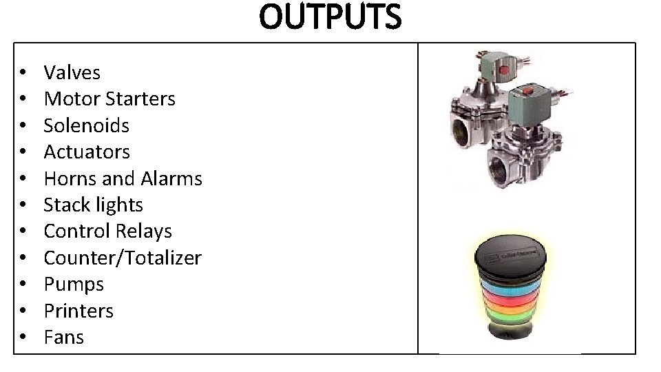 OUTPUTS • • • Valves Motor Starters Solenoids Actuators Horns and Alarms Stack lights