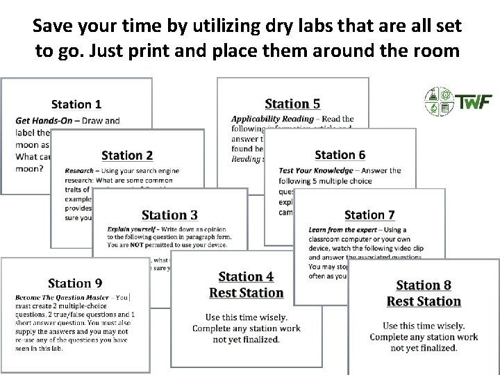 Save your time by utilizing dry labs that are all set to go. Just