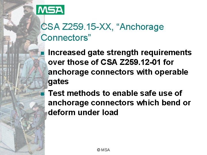 CSA Z 259. 15 -XX, “Anchorage Connectors” n n Increased gate strength requirements over