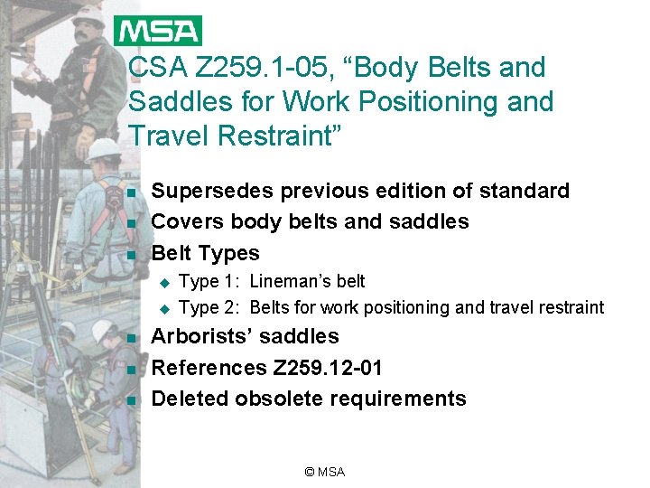 CSA Z 259. 1 -05, “Body Belts and Saddles for Work Positioning and Travel