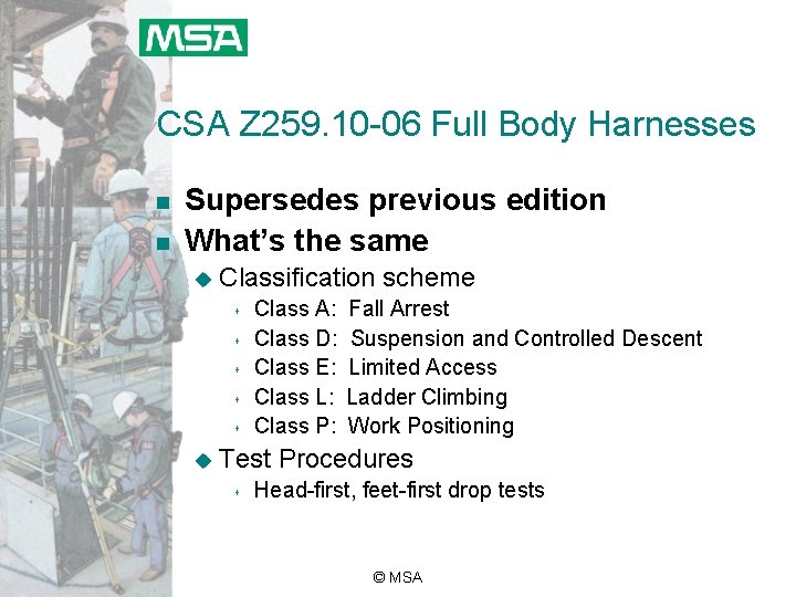 CSA Z 259. 10 -06 Full Body Harnesses n n Supersedes previous edition What’s