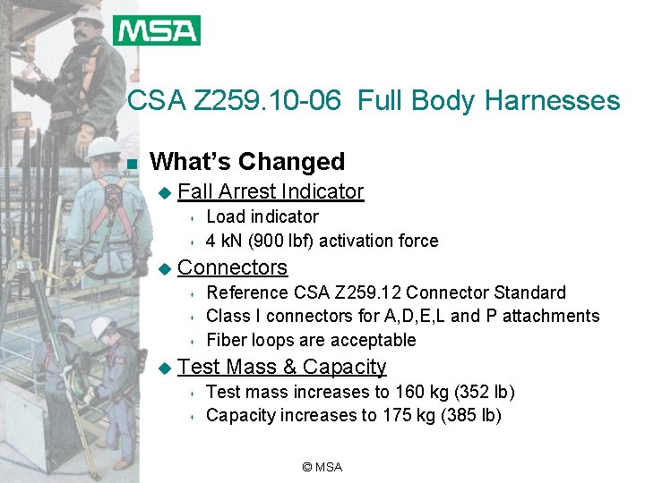 CSA Z 259. 10 -06 Full Body Harnesses n What’s Changed u Fall Arrest