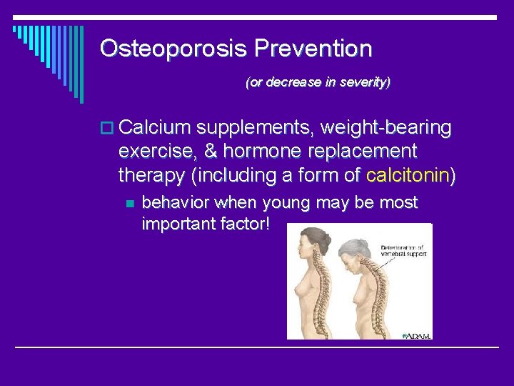 Osteoporosis Prevention (or decrease in severity) o Calcium supplements, weight-bearing exercise, & hormone replacement