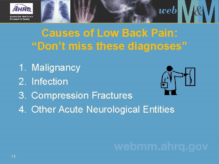 Causes of Low Back Pain: “Don’t miss these diagnoses” 1. 2. 3. 4. 14