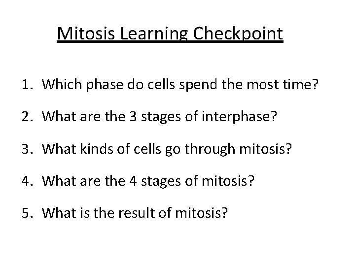 Mitosis Learning Checkpoint 1. Which phase do cells spend the most time? 2. What