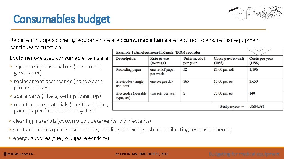 Consumables budget Recurrent budgets covering equipment-related consumable items are required to ensure that equipment