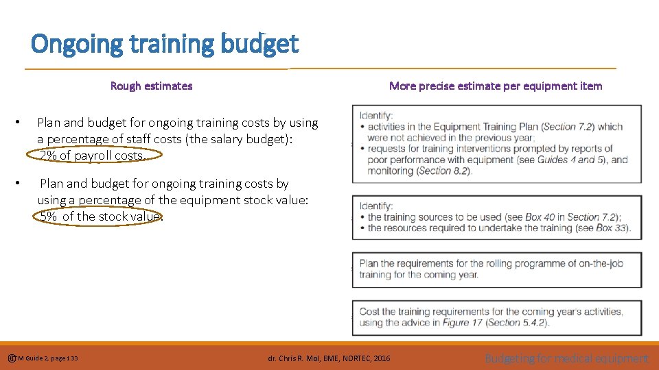 Ongoing training budget Rough estimates More precise estimate per equipment item • Plan and