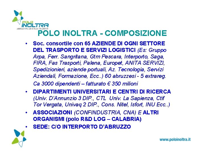 POLO INOLTRA - COMPOSIZIONE • • Soc. consortile con 65 AZIENDE DI OGNI SETTORE