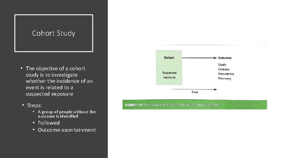 Cohort Study • The objective of a cohort study is to investigate whether the