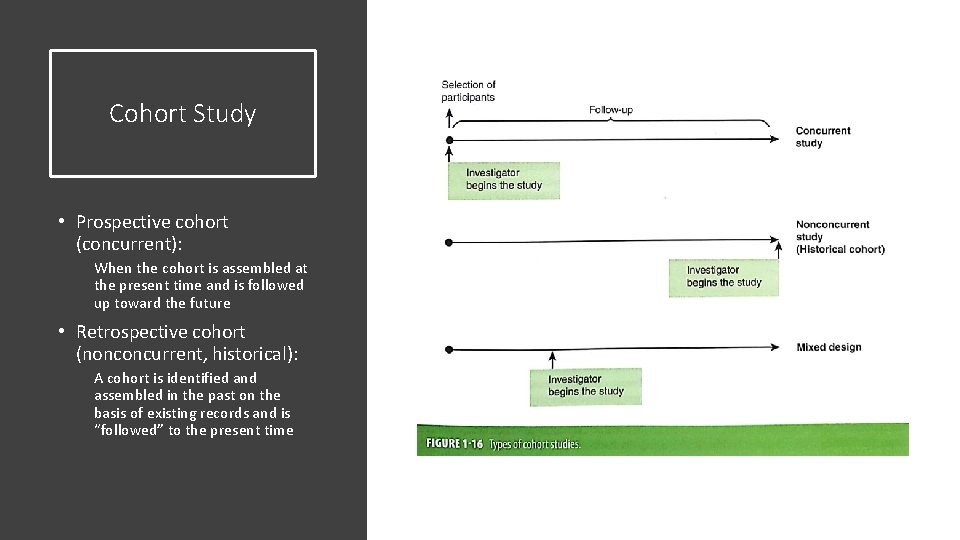 Cohort Study • Prospective cohort (concurrent): When the cohort is assembled at the present
