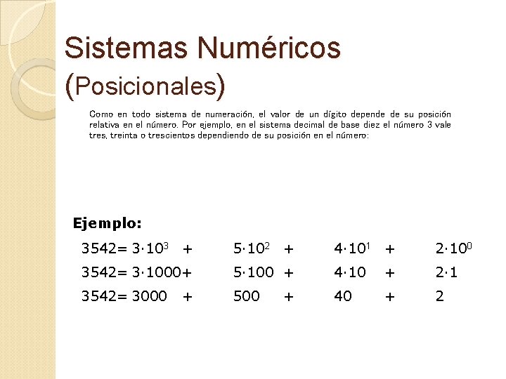 Sistemas Numéricos (Posicionales) Como en todo sistema de numeración, el valor de un dígito