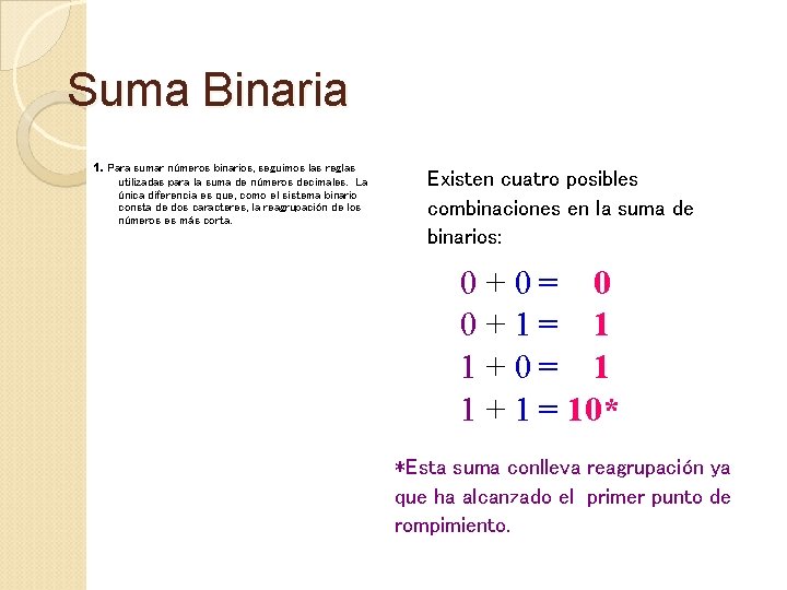 Suma Binaria 1. Para sumar números binarios, seguimos las reglas utilizadas para la suma