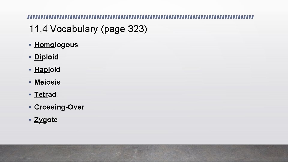 11. 4 Vocabulary (page 323) • Homologous • Diploid • Haploid • Meiosis •