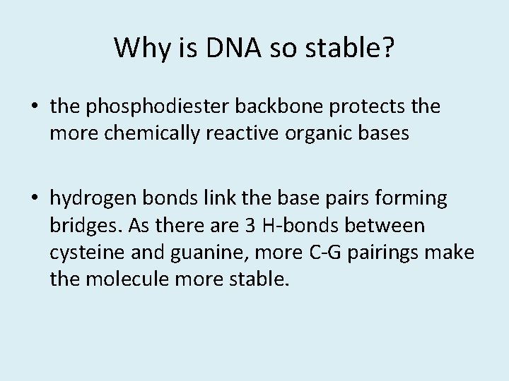 Why is DNA so stable? • the phosphodiester backbone protects the more chemically reactive