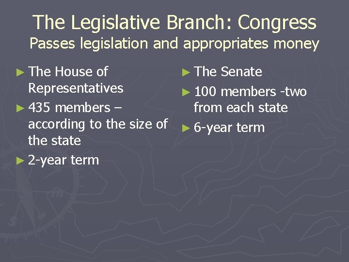 The Legislative Branch: Congress Passes legislation and appropriates money ► The House of Representatives