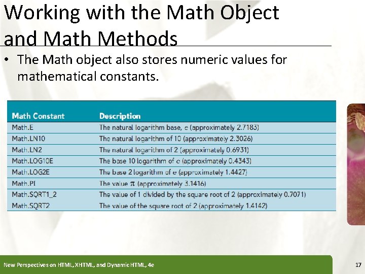 Working with the Math Object and Math Methods XP • The Math object also