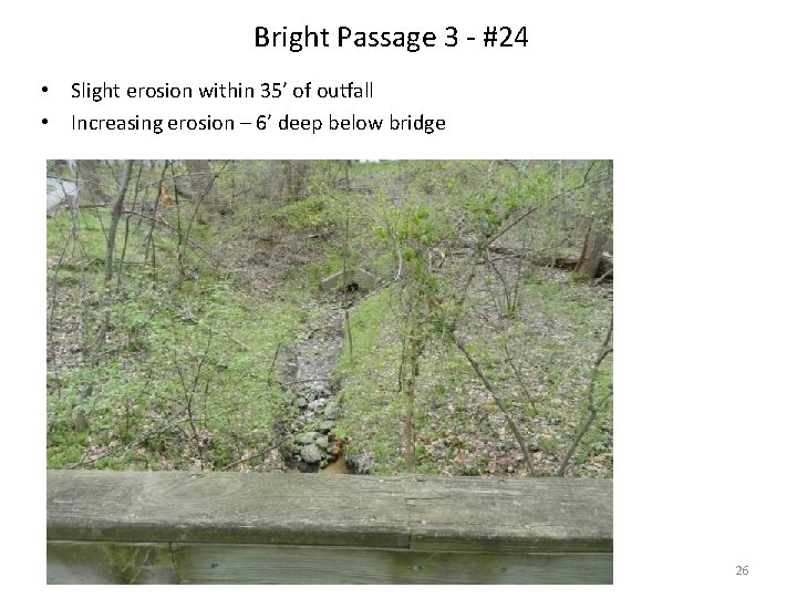 Bright Passage 3 - #24 • Slight erosion within 35’ of outfall • Increasing