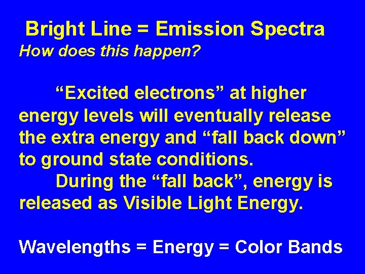 Bright Line = Emission Spectra How does this happen? “Excited electrons” at higher energy
