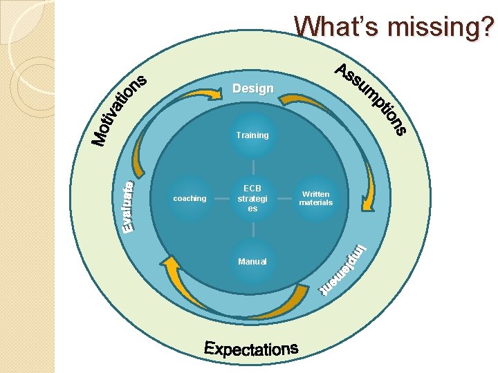 What’s missing? Design Training coaching ECB strategi es Manual Written materials 