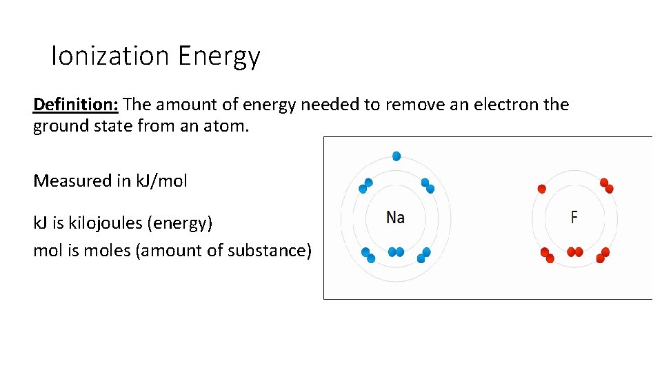 Ionization Energy Definition: The amount of energy needed to remove an electron the ground