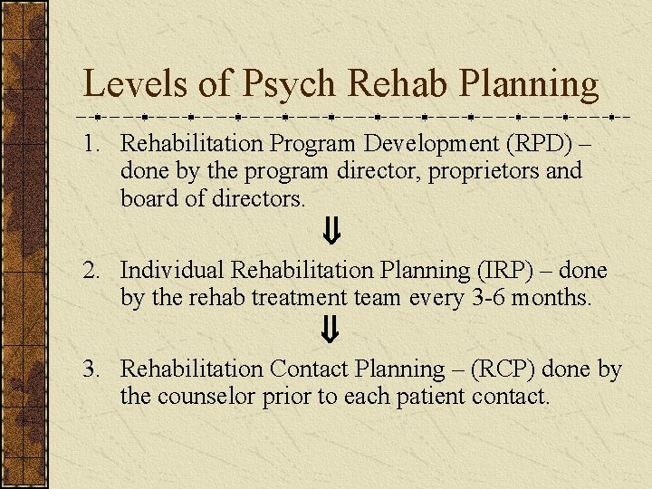 Levels of Psych Rehab Planning 1. Rehabilitation Program Development (RPD) – done by the