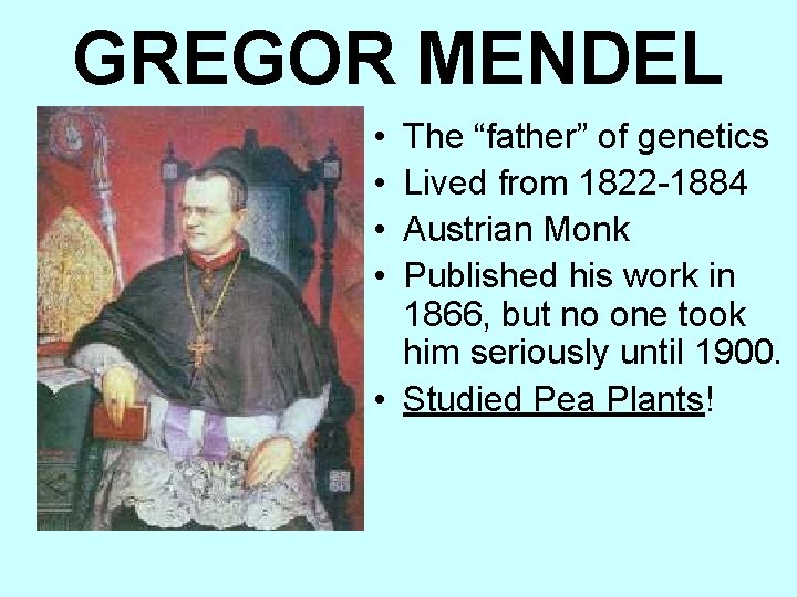 GREGOR MENDEL • • The “father” of genetics Lived from 1822 -1884 Austrian Monk