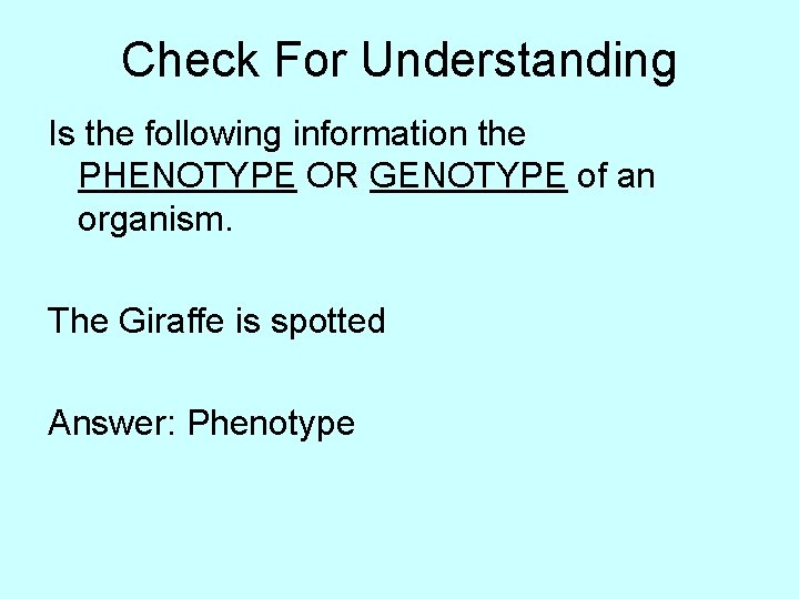 Check For Understanding Is the following information the PHENOTYPE OR GENOTYPE of an organism.