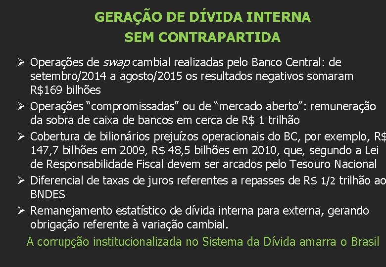 GERAÇÃO DE DÍVIDA INTERNA SEM CONTRAPARTIDA Ø Operações de swap cambial realizadas pelo Banco