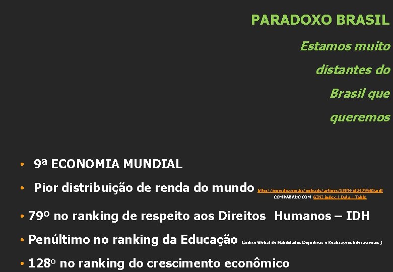 PARADOXO BRASIL Estamos muito distantes do Brasil queremos • 9ª ECONOMIA MUNDIAL • Pior