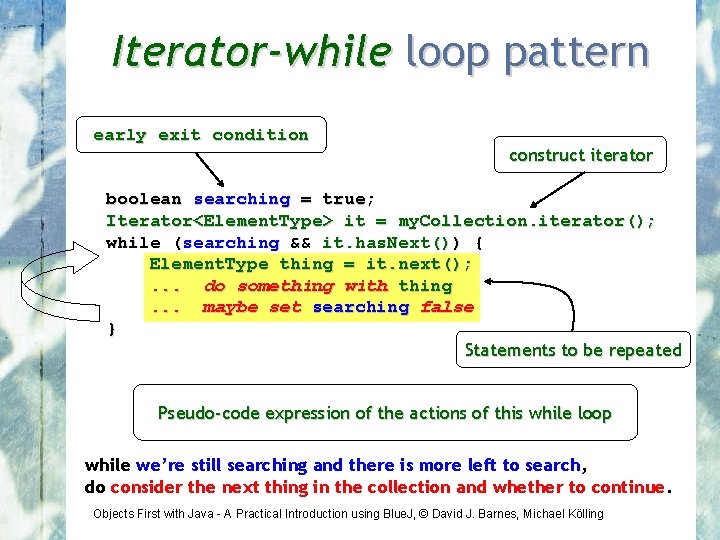 Iterator-while loop pattern early exit condition construct iterator boolean searching = true; Iterator<Element. Type>