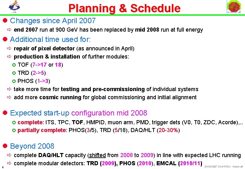 Planning & Schedule l Changes since April 2007 ð end 2007 run at 900