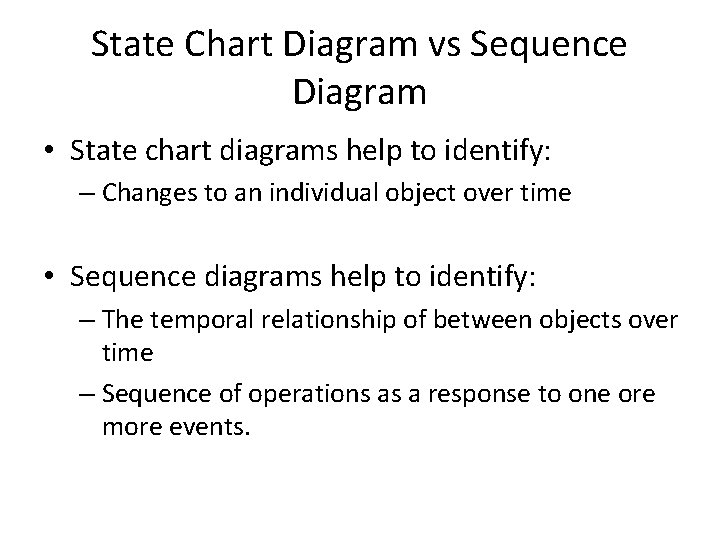 State Chart Diagram vs Sequence Diagram • State chart diagrams help to identify: – State Chart Diagram vs Sequence Diagram • State chart diagrams help to identify: –