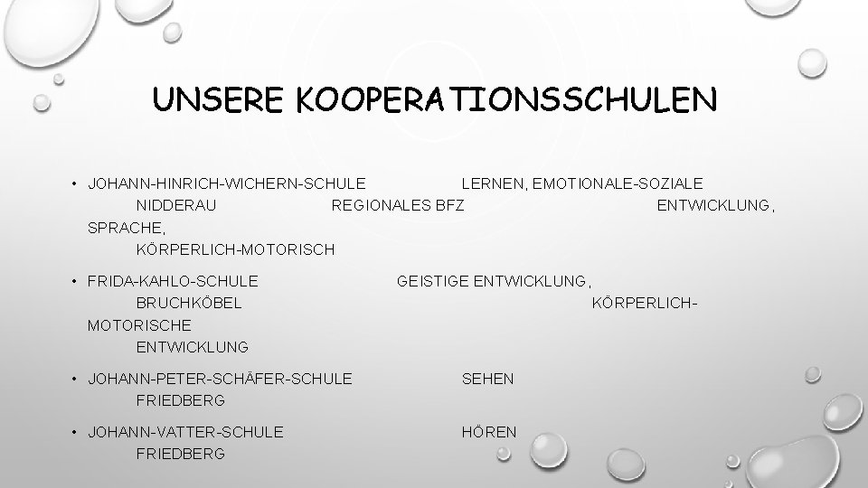 UNSERE KOOPERATIONSSCHULEN • JOHANN-HINRICH-WICHERN-SCHULE LERNEN, EMOTIONALE-SOZIALE NIDDERAU REGIONALES BFZ ENTWICKLUNG, SPRACHE, KÖRPERLICH-MOTORISCH • FRIDA-KAHLO-SCHULE