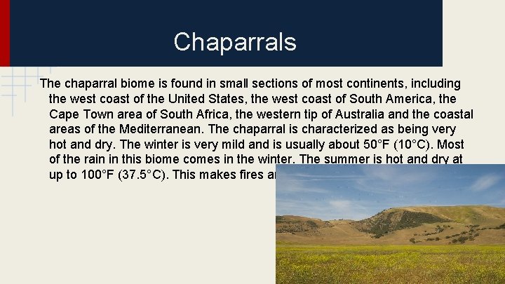 Chaparrals The chaparral biome is found in small sections of most continents, including the