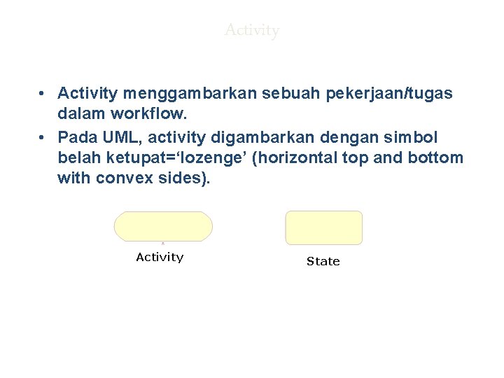 Activity • Activity menggambarkan sebuah pekerjaan/tugas dalam workflow. • Pada UML, activity digambarkan dengan